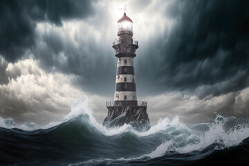 Lighthouse in the storm at night, ocean waves, dark cloudy sky, Generative AI