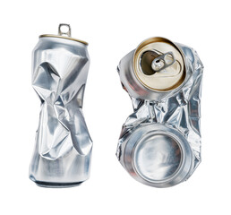 Flat compressed shiny aluminum can isolated on white background with clipping path