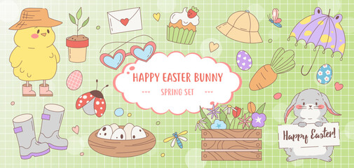 Happy Easter and spring cute stickers template set. Collection of bunnies, eggs, umbrella, chicken, cake, beetles, boots, box, flowers, seedlings, signboard,