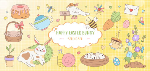 Collection of cute easter cute characters and spring cartoon decorative elements -  painted eggs, bunnies, bugs, flowers, carrots, chicken, butterfly, snail, seedlings. Vector isolated elements. 