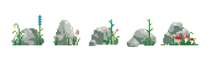 Forest flowers and mushrooms in pixel art style. 8 bit rocks set. Collection on 8 bit rocks boulders and stones with grass and other natural elements. Vector isolated illustrations. 
