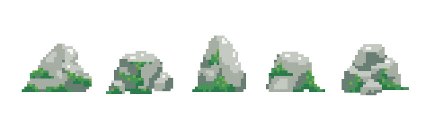 Fototapeta premium Old pixel art stones textures. Retro video game assets of forest stones and rocks with grass or moss.
