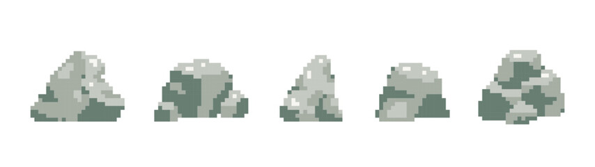 Fototapeta premium Pixel art isolated rocks. Vector 8 bit stone set.