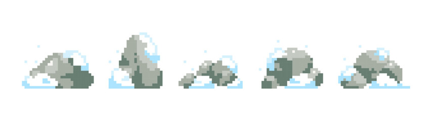 90s style pixel rocks collection. Winter season 8 bit rocks or stones or boulders. 