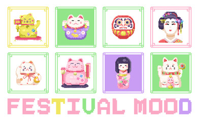 Pixel art flat icons set. Traditional japanese manikin neko cat, geisha girl, cute kokeshi and daruma dolls. 8 bit retro gamer style. festive spring game assets and stickers. Isolated vector.