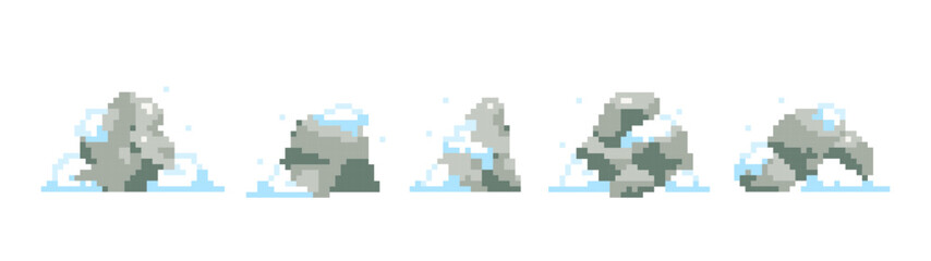 Snowy rocks set in pixel art style. 8 bit retro patterns on rocks with snow. Isolated elements for sticker, web banner, seasonal game decoration.