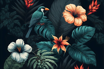 tropical pattern with jungle. Green palm leaf and flowers on hawaii. vegetation and exotic fauna in bright colors.