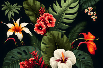 tropical pattern with jungle. Green palm leaf and flowers on hawaii. vegetation and exotic fauna in bright colors.