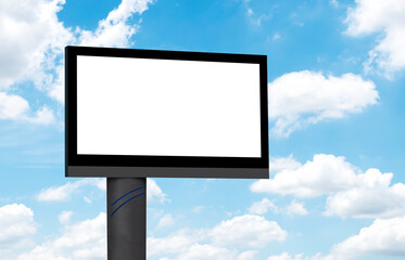 Outdoor pole billboard with mock up white screen with blue sky background. clipping path for Mockup
