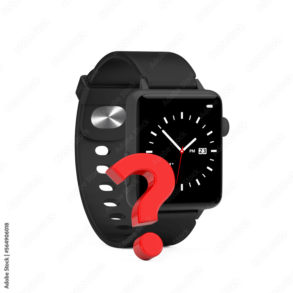 Leinwandbilder black modern smart watch with strap and red question mark. 3d rendering
