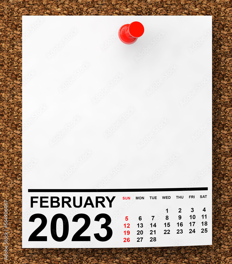 Aufkleber calendar february 2023 on blank note paper. 3d rendering