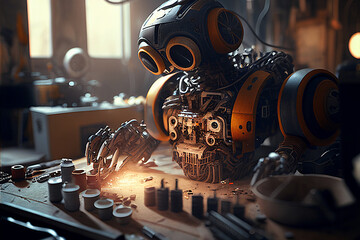 A robot assembling parts on a factory assembly line