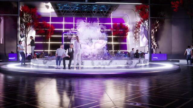 3d Animation of people waiting in the lobby in front of a fountain in a lobby. moving shot