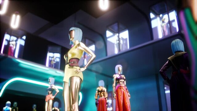 3D Animation of model dolls in a fashion room wearing cloths. Backward dolley shot