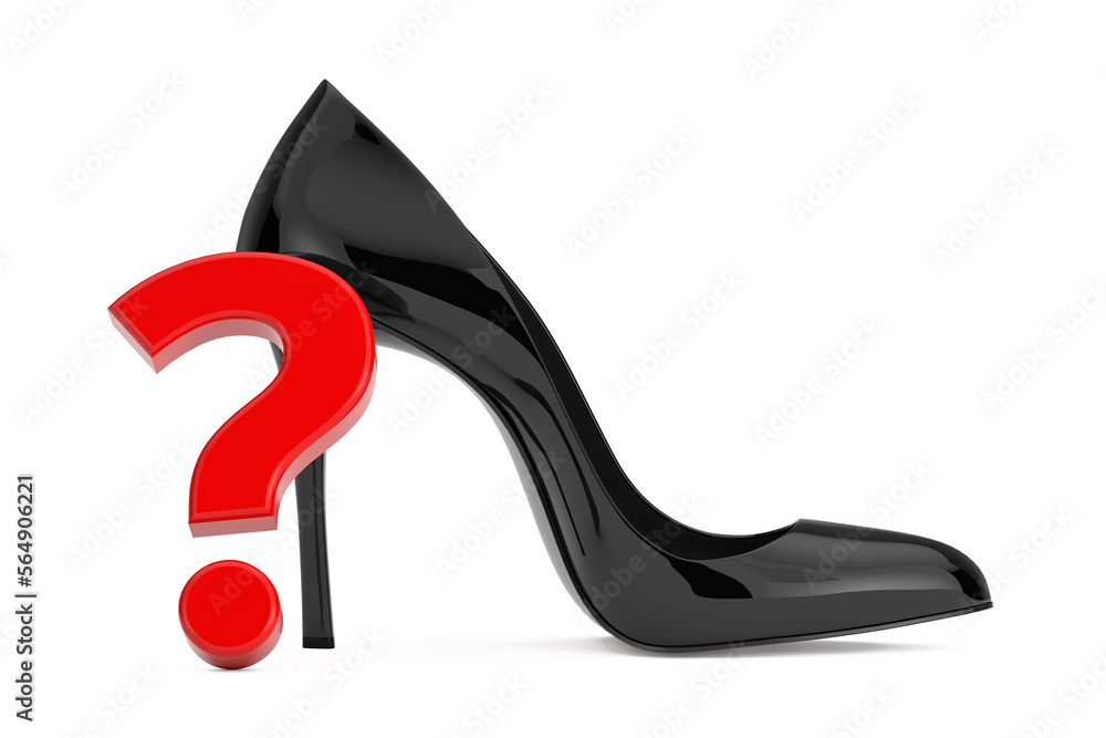 Poster black high heels wooman shooes with red question mark. 3d rendering