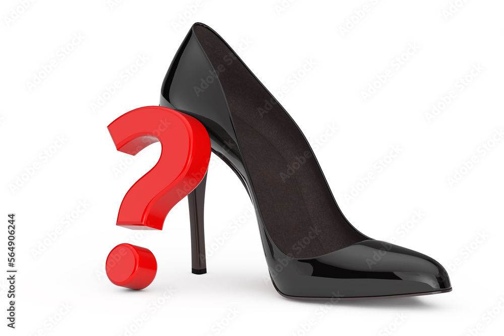 Aufkleber black high heels wooman shooes with red question mark. 3d rendering