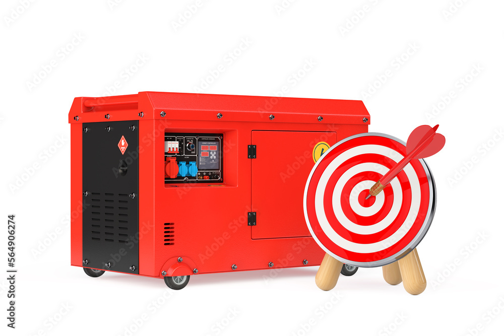 Fototapete Big Red Outside Auxiliary Electric Power Generator Diesel Unit for Emergency Use with Archery Target and Dart in Center. 3d Rendering