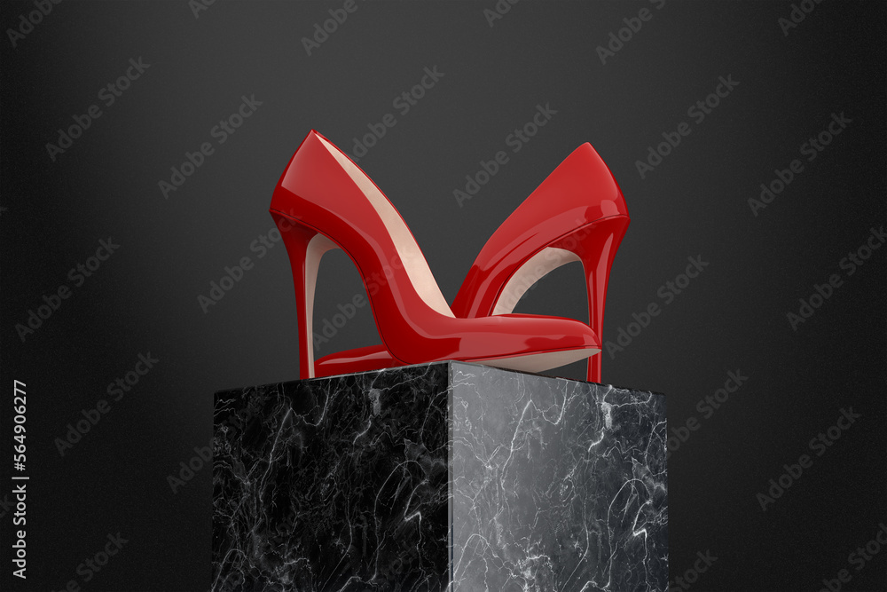 Poster red high heels wooman shooes over black promotion cube. 3d rendering