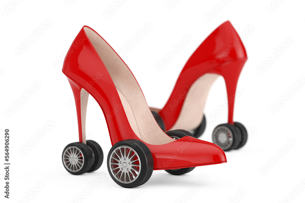 Poster red high heels wooman shooes with wheels tyre. 3d rendering