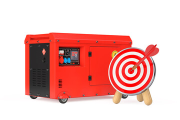 Big Red Outside Auxiliary Electric Power Generator Diesel Unit for Emergency Use with Archery Target and Dart in Center. 3d Rendering