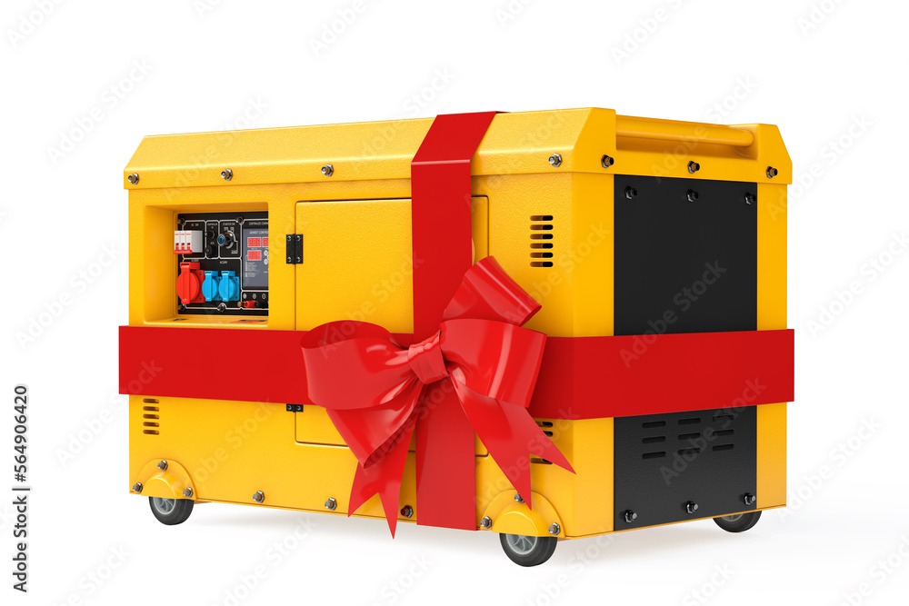 Aufkleber Big Yellow Outside Auxiliary Electric Power Generator Diesel Unit for Emergency Use with Red Gift Ribbon and Bow. 3d Rendering