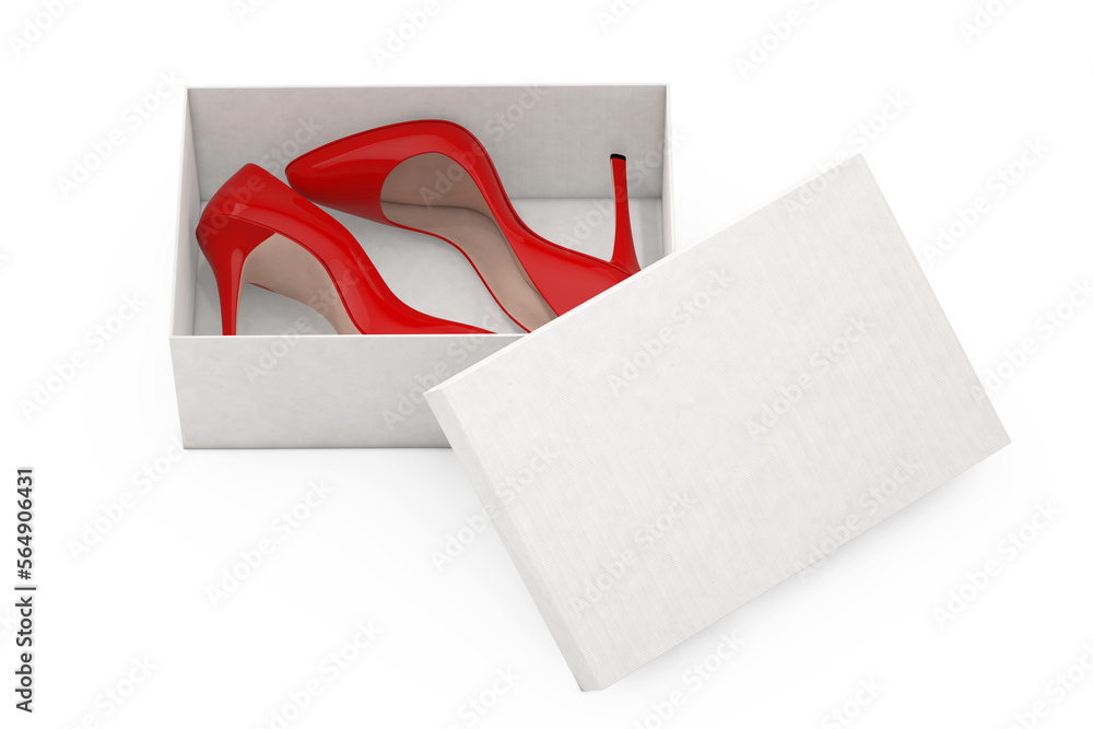 Aufkleber red high heels wooman shooes with blank white cardboard shoebox. 3d rendering