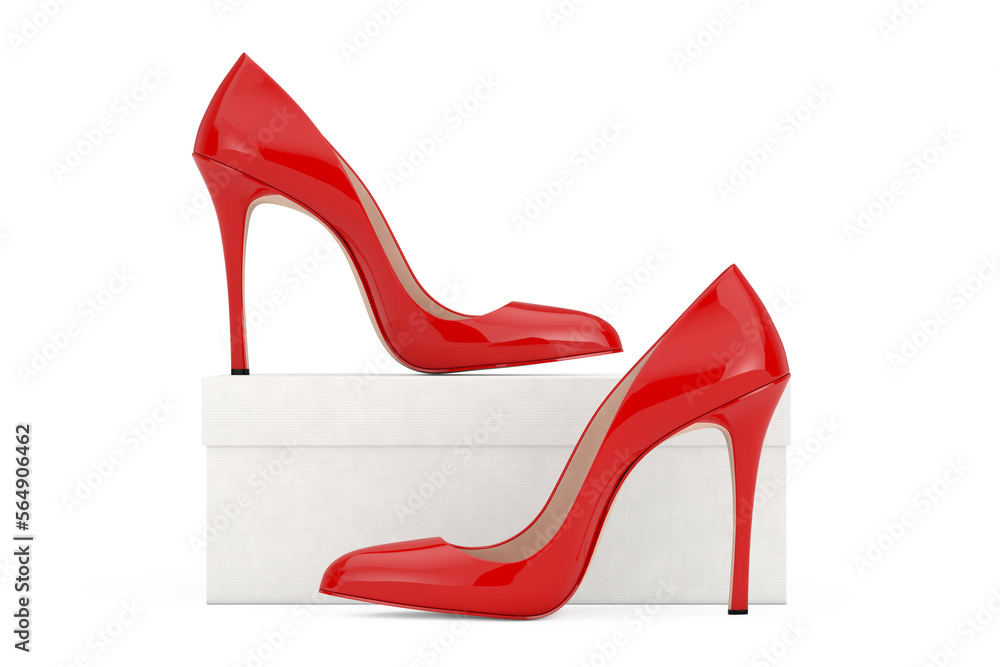 Aufkleber red high heels wooman shooes with blank white cardboard shoebox. 3d rendering