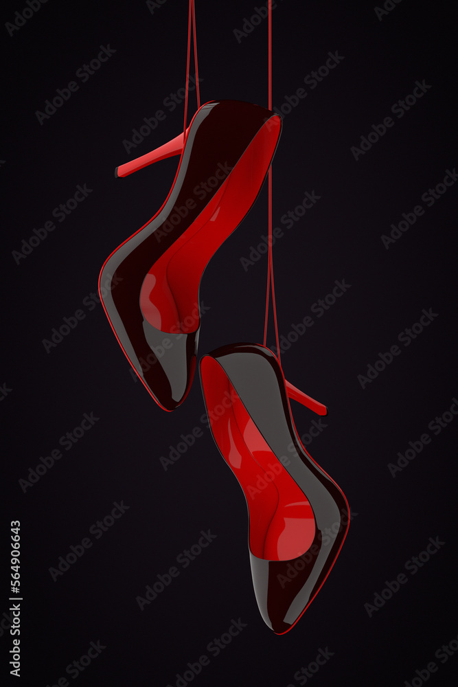 Poster black and red high heels wooman shooes hanging on rope. 3d rendering