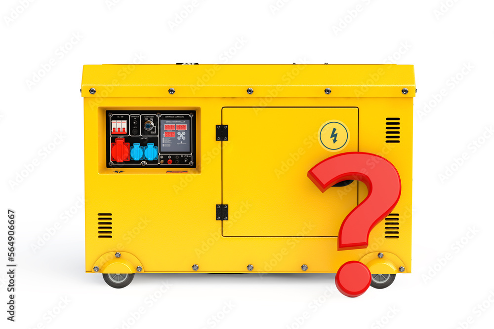 Fototapete big yellow outside auxiliary electric power generator diesel unit for emergency use with red questio