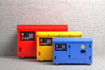 Set of Big Outside Auxiliary Electric Power Generator Diesel Units for Emergency Use. 3d Rendering - obrazy, fototapety, plakaty