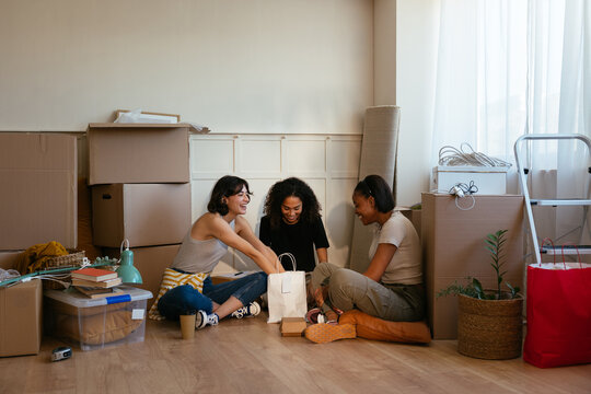 Female flatmates resting near carton boxes in new apartment
