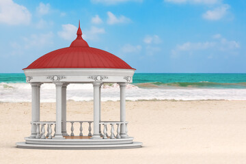 Urban Infrastructure Garden or Park Circle Gazebo with Greek Columns and Green Roof, or Pergola on the Ocean or Sea Sand Beach. 3d Rendering