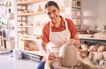 Pottery wheel, workshop portrait and happy woman design sculpture mold, studio manufacturing or art...
