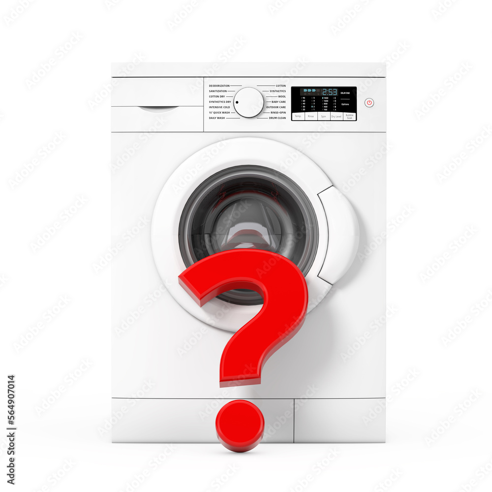 Poster white modern washing machine with question mark. 3d rendering