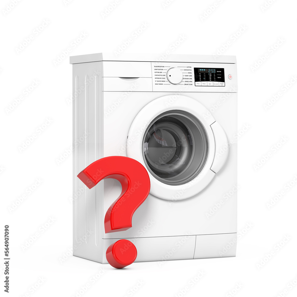 Poster white modern washing machine with question mark. 3d rendering