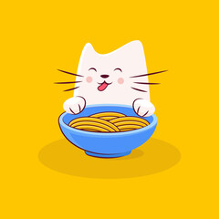 Cute cat character enjoys tasty ramen