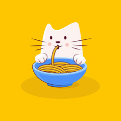 Cute cat character enjoys tasty ramen