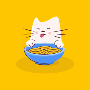 Cute cat character enjoys tasty ramen