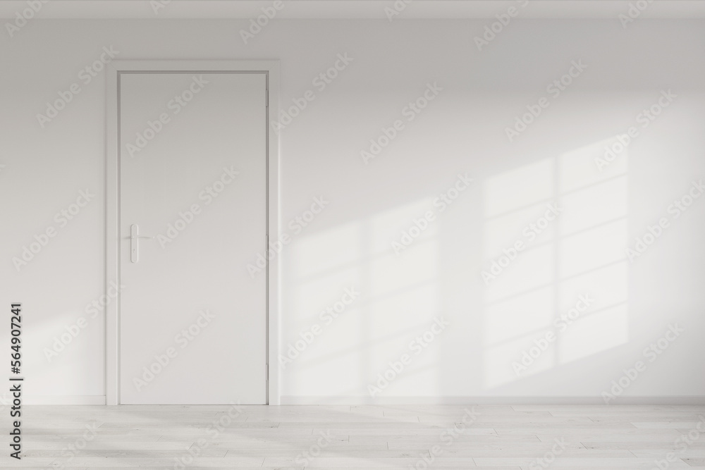 Poster closed white door on a white wall in empty room. 3d rendering