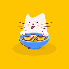 Cute cat character enjoys tasty ramen with an egg