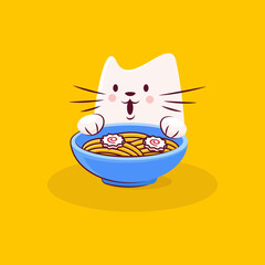 Cute cat character enjoys tasty ramen with narutomaki