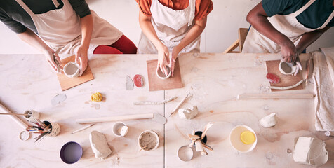 Pottery class, ceramic workshop or women design sculpture mold, clay manufacturing or art product. Diversity, retail store or top view of startup small business owner, artist or studio people molding