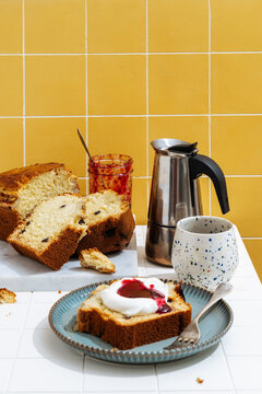 Breakfast with banana bread and coffee