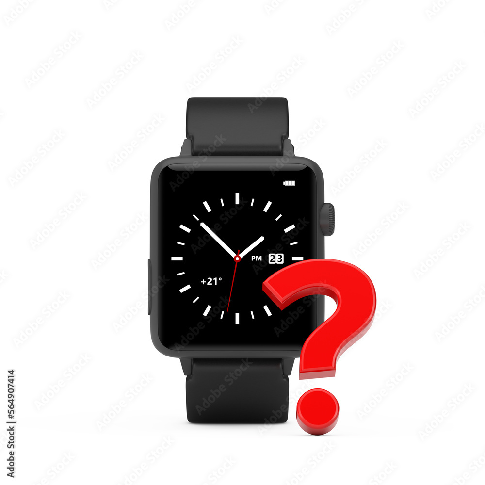 Fototapete black modern smart watch with strap and red question mark. 3d rendering