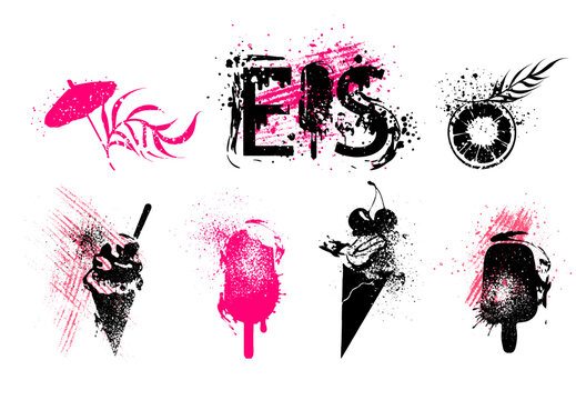 Ice Cream Vector Collection. Design set of isolated ice cream sketches with effect splashes and hatching. With many details.