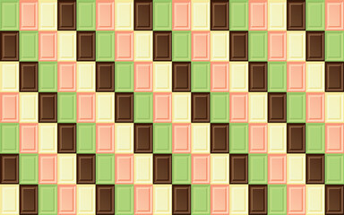 チョコレートの背景　抹茶　ピスタチオチョコ　苺　ミルクチョコレート　ホワイトチョコレート