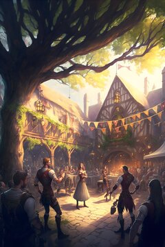 A Highfantasy Medieval Party Environment With A Lot Of People Dancing And Cheering With An Oak Tree In The Middle Of The Square Colorful Garlands And Some White Tents Full Of People Drinking 