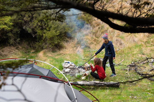 Kids camping, Craigieburn Range, New Zealand.