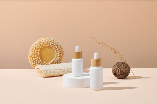 Set of eco natural cosmetics on wood podium.
