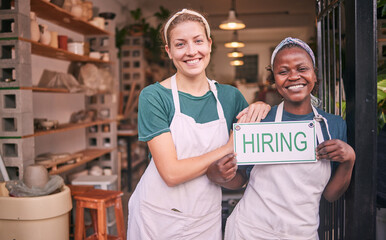 Hiring sign, portrait and people or business owner in diversity recruitment, career opportunity or...